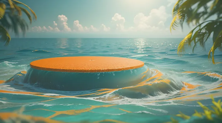 There is an orange countertop in the middle of the sea， ocean water，There are some plants around，Blurred foreground，Center composition，up-close，Front view，a sense of atmosphere, scenography,C4D, 3D modeling,oc rendered