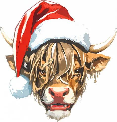 Close-up of a cow wearing a Santa hat, author：Hamish MacDonald, face of an ox, Jean-Sebastian Roosbach, festivity, A cow, Awesome, cow head, santa, very very happy!, oh oh oh，ys, Wear a Christmas hat, Reddens Nose, wearing festive clothing, twas brillig, W...