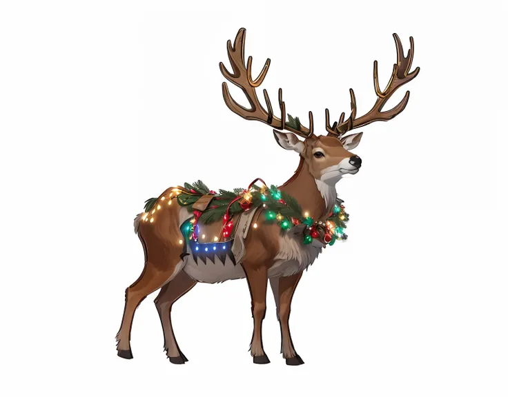 Reindeer with Christmas lights on antlers and antlers, an anthropomorphic deer, hight decorated, anthropomorphic deer, anthropomorphic female deer, anthropomorphic deer female, elk, short antlers, hyper realisitc, festivity, deers, Extremely realistic, Gra...