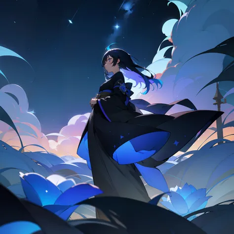 under the starry sky、In the midst of the fusion of beauty and aesthetics、A girl was standing quietly。Her hair is in an exquisite color scheme of black and blue、It was filled with colorful colors reminiscent of the midnight sky.。The colorful blue and black ...