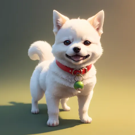 There is a small white dog with a red collar and a green ball, cute 3d render, anthropomorphic shiba inu, rendered in redshift, semi - realistic render, maxwell render, super detailed render, highly detailed render, render naughty dog, hyper realistic deta...