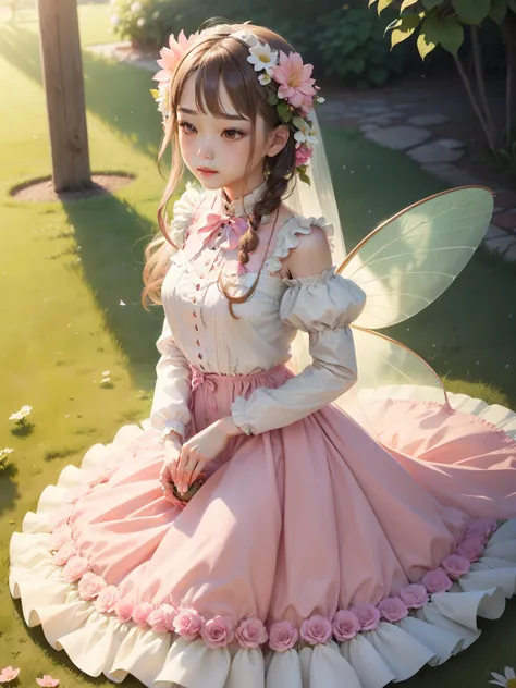 Fairy air fluttering，There are flowers around，Melon seed face，Delicate facial features，pink long skirt，On the lawn