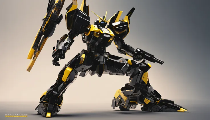 The picture shows black and yellow Gundam。。, The styles in the intersecting plane are very realistic, grandeur of scale, Playful and complex, Glassy translucent, posing elegantly, super detailing, Maxon Cinema 4D, High detail, 32k --s 1000 --清漆 --AR 9:16