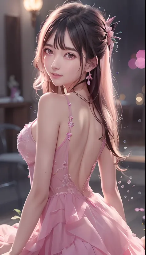 Close-up of a woman in a pink dress sitting on windowsill, cute elegant pose, beautiful and seductive anime woman, Beautiful anime girl, Beautiful anime woman, Pink dress, wearing a pink dress, seductive anime girls, cute anime waifu in a nice dress, attra...