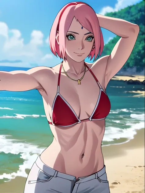 masterpiece, 4k, ultra hires, portrait, anime style, high brightness, best quality, 1girl, flexing arm muscles, haruno sakura, cowboy shot, professional artwork, detailed beach background, intricate details, colorful, digital blending, (ultra detailed body...