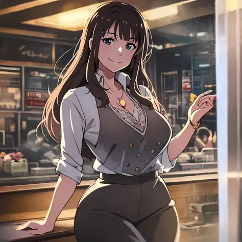 , big breasts, thick thighs, mature woman, long dark brown hair, smiling affectionately, in the style of makoto shinkai, in a sh...