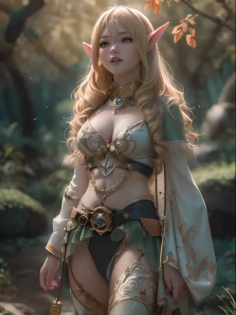 (masutepiece, High resolution, Photorealsitic:1.4), (An enchanting forest elf with a sensual and statue-like figure:1.3), (Shortwear, tight-fitting clothes、Walk towards the river:1.2), (Blonde hair falling in waves:1.2), (Rosy cheeks blush with a hint of s...