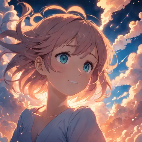 masterpiece, best quality, movie still, 1girl, cloud girl, floating in the sky, close-up, bright, happy, warm soft lighting, sunset, (sparks:0.7)