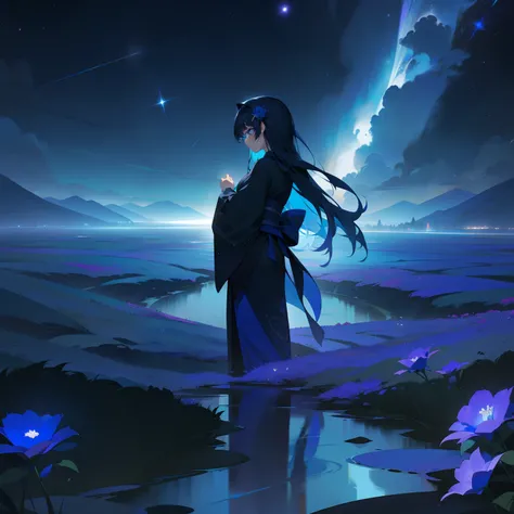 under the starry sky、In the fusion of beauty and beauty、A girl stood quietly。Her hair is an exquisite color scheme of black and blue、It was full of colorful colors reminiscent of the midnight sky...。The colorful blue and black kimono she wears is、Its like ...