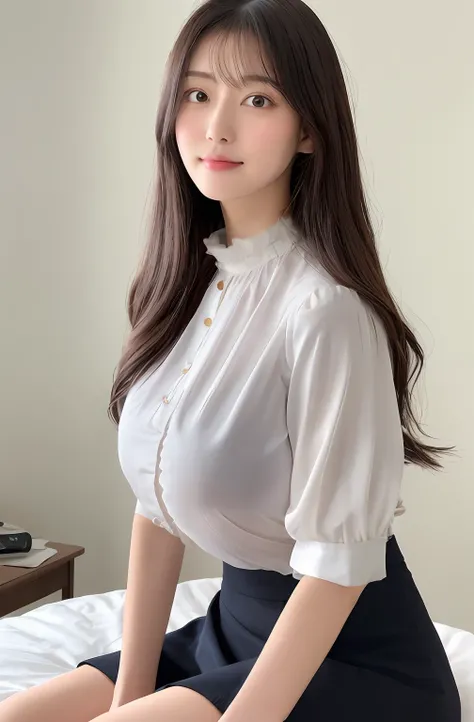 The blouse is very very tight with a very big breast bulge、The blouse is pure white、The fabric of the blouse is smooth and smooth、The blouse has a white collar