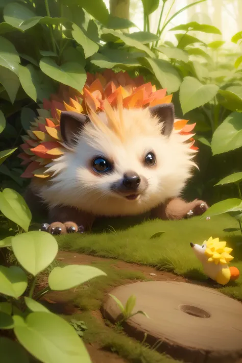 Hedgehogs running among the leaves of the forest，Shines brightly, lovely digital painting, cute forest creature, Cute detailed digital art, Anthropomorphic hedgehog, adorable digital art, 🍂 Cute, hedgehog, cute artwork, cute 3 d render, “portrait of a cart...