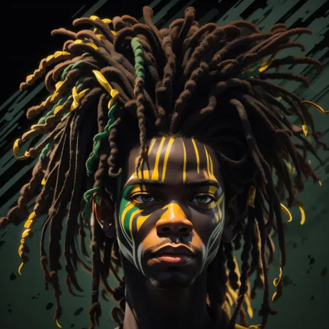 Create a logo with the head of a black man with dreadlocks in black colors, verde, amarelo e vermelho (olhando para a frente) , imagem estilo logomarca , Sober, (fundo preto), Image with resolution of at least 300dpi, UHD 8k, Very high quality for excellen...