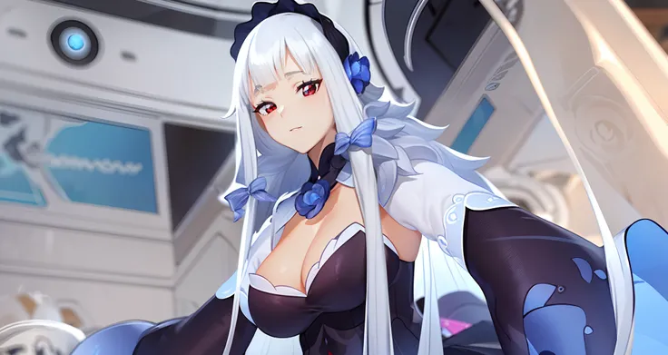 ((Best quality)), ((Masterpiece)), ((Ultra-detailed)), (illustration), (Detailed light), (An extremely delicate and beautiful), Dramatic perspective,A charming young girl,Long white hair,Red pupils,Large breasts,is shocked