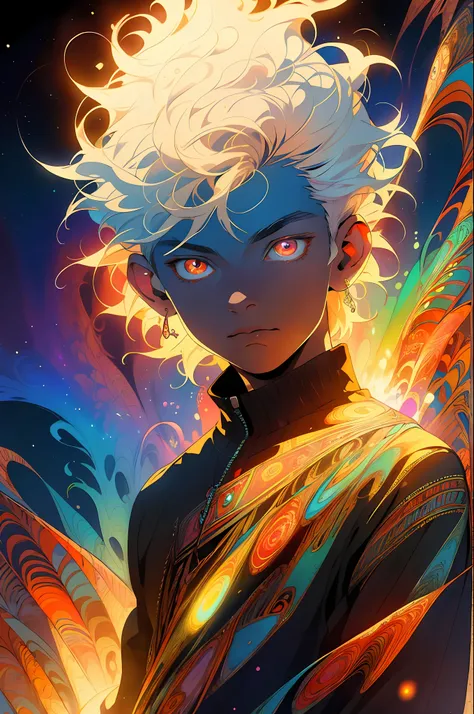 Realistic, (Masterpiece, Top Quality, Best Quality, Official Art, Beauty and Aesthetics: 1.2), Very Detailed, Fractal Art, Colorful, Most Detailed, Zentangle, (Abstract Background: 1.5) (1boy: 1.3), God, White Hair, Short Hair, (Glowing Red Eyes), Mysterio...