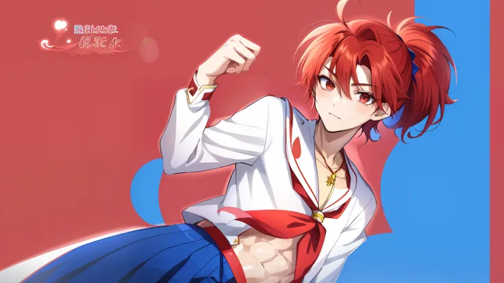 Anime Boy with Red Hair, Anime boy in white sailor suit, Anime boy in blue skirt, Anime boy poses for photo, Boy with reddish-brown short ponytail hair, Boy with brown eyes, aya takano color style, Muscular men,