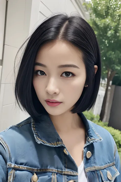 (Masterpiece:1.3), (8K, Photorealistic, RAW photo, Best quality: 1.4), (1girll), Beautiful face, (Realistic face), (Black hair, Short hair:1.3), Nice hairstyle，photorealistic eye，Nice detail eyes，（Denim jacket，Holes），（Realistic skin），Beautiful skins，（Sweat...