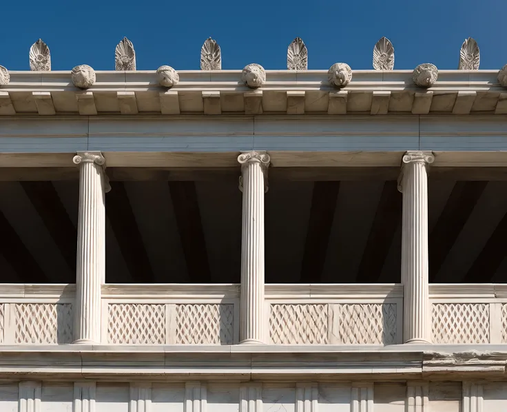 there is a clock on the side of a building with columns, detailed classical architecture, greek architecture, symmetrical detail, classical architecture, neo classical architecture, neoclassical architecture, classical stone columns, at ancinet agora of at...