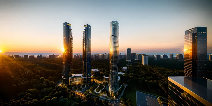 "an awe-inspiring archiaerial view of a magnificent skyscraper at sunset, showcasing its remarkable architecture, surrounded by ...