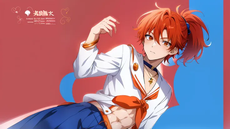 Anime boy with orange hair, Anime boy in white sailor suit, Anime boy in blue skirt, Anime boy pose in photo, Boy with orange short ponytail hair, Boy with brown eyes, aya takano color style, Muscular men,