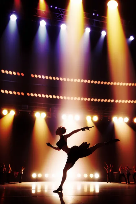 Image of a dancer performing on a stage by a group of people, Magazine article, Highlight, spotlight, , press photos, Magazine dissemination, Spontaneous，high light, stage photography, American poster style，The theme is the recruitment of university studen...