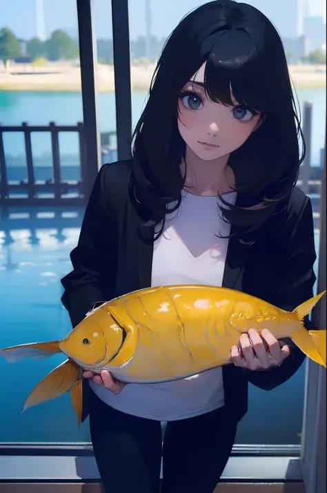 ((((Catching a big fish by the lake:1.5)))),((Female 28 years old)),((Best Quality:1.5)),(((Hands with the correct number and structure of fingers:1.4))),((Big fish:1.37)),hight resolution,ultra-detailliert,​masterpiece,best qualtiy,Eight-headed body,Black...