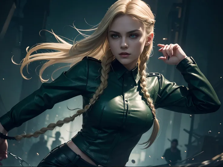 a beautiful 25 years old British female vampire, with braided blonde hair, wearing dark green shirt and black tight pants, splash art style, battle ready pose, dynamic angle shot, photo realism, volumetric lighting, intricate hand details, highly detailed,...