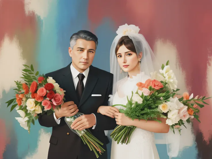 A man and a woman stand next to each other, Holding flowers, Wedding photo, Posing for a photo, airbrush digital oil painting, alina ivanchenko, in the style of oil painting, color portrait, digital art portrait, detailed color portrait, High Quality Portr...