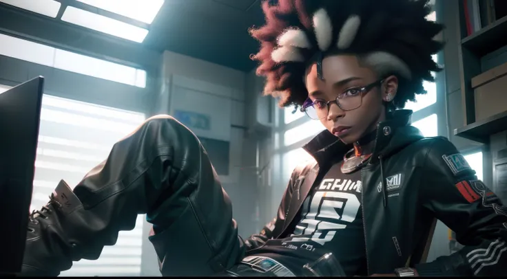 "Urban futuristic, dark indoors and tiny afro vibe, photo-realistic depiction of an androgynous non binary African male with a technerd look (all clothing with "RM" written on them), showcasing their non-binary identity, in high definition."