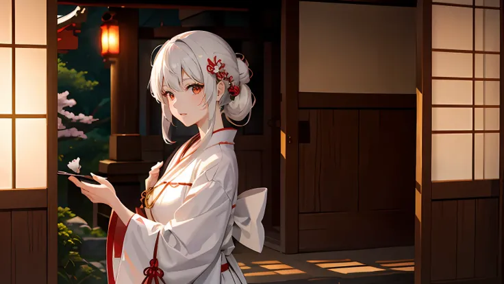 An elegant Japanese shrine maiden, performing her duties at a shrine