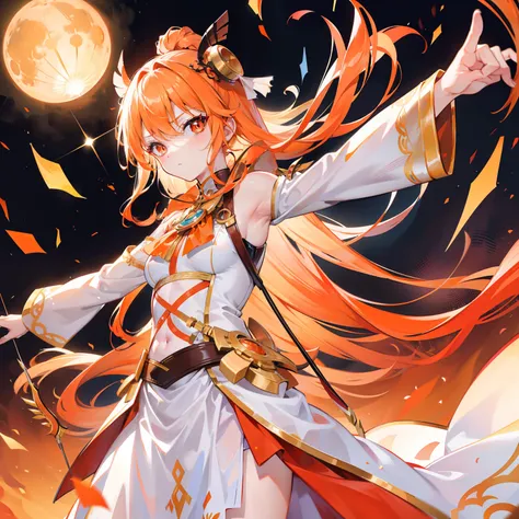 Long orange-blond hair，Warm and silky，Red pupils full of fighting spirit，Armed with a bow and arrow that can shoot the sun，Pure white clothes，Gold-trimmed clothes，She is a beautiful little sister