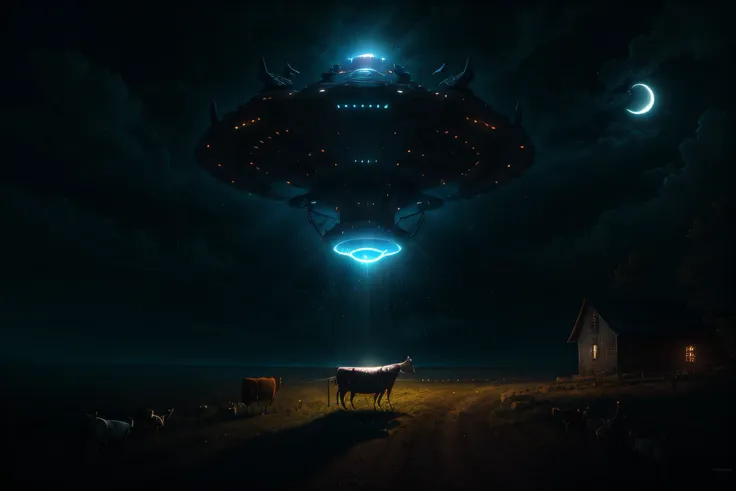 an alien ship abducts a cow with a tractor beam, moonlight, masterpiece, best quality, distant view, vivid colors, volumetric li...