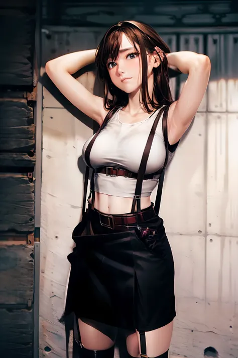 a black skirt, Tank Tops　suspenders, Brown hair short, Gray eyes, holster, Garter belt on the legs, Big breasts and tight clothes, 　　 a belt　Armpit sweat　Fold your hands behind your head　deadpan