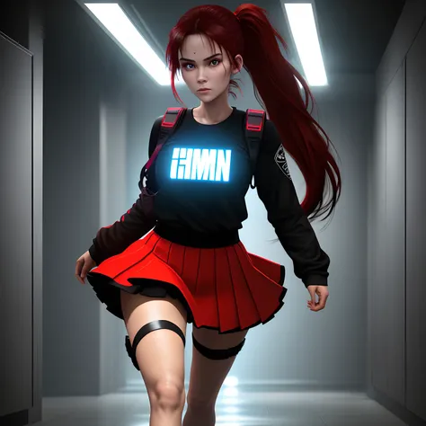 Full body internet girl with ponytail. Bright red indicates that she is an online girl. Clothes like Tomb Raider，But there are skirts. She also has blue eyes. The environment is similar to a terminator. Hair is black. Her face is illuminated by the bright ...