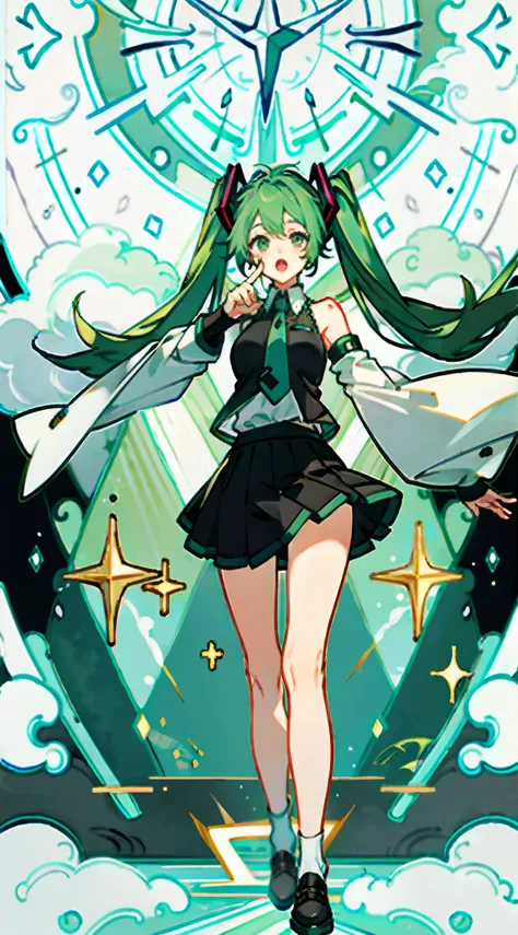 Big breasts Hatsune Miku，Electronic singer，Green green hair，bare shoulders​，a black skirt，black sleeve，Separate the sleeves，(White color blouse)，8K，A high resolution，perfect hand，Perfect Finger，Green eyes，Concert background，Only beautiful thighs are expose...