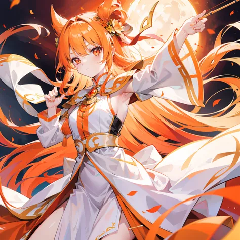 Long orange-blond hair，Warm and silky，Red pupils full of fighting spirit，Armed with a bow and arrow that can shoot the sun，Pure white clothes，Gold-trimmed clothes，She is a beautiful little sister