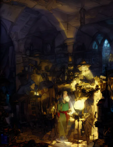 draw a man in a medieval environment with a knight and a woman, medieval alchemist in the dark, fantasy alchemist laboratory, sc...