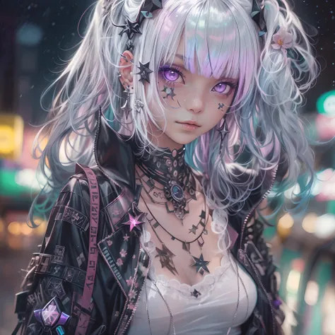 goth_punk, 1girl, solo, cowboy shot, looking at viewer, candid portrait, sidelocks, futobot, white shimmering hair with purple a...