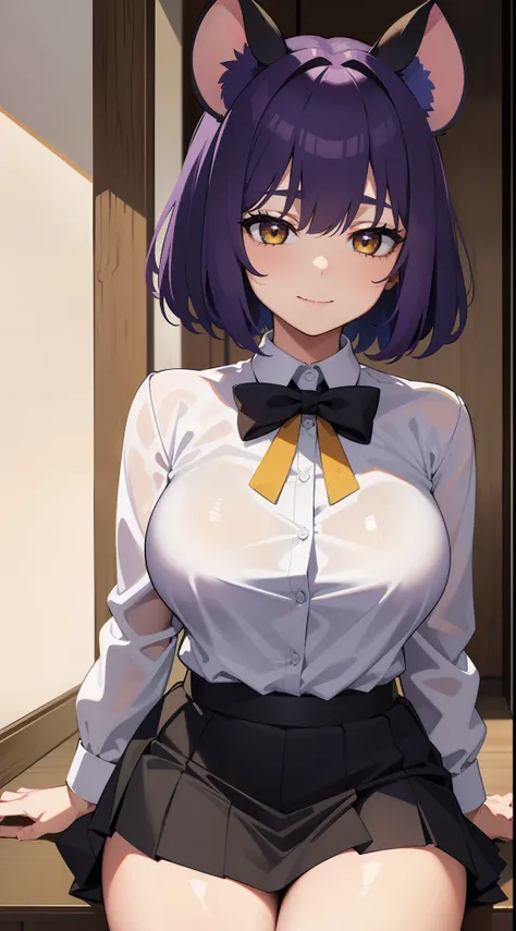 young girl, short purple hair, Yellow eyes, Mouse ears, tight white shirt with bow tie, tight black skirt, open breasts, Languid look, Lustful smile, Masterpiece, hiquality