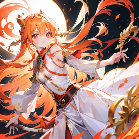 Long orange-blond hair，Warm and silky，Red pupils full of fighting spirit，Armed with a bow and arrow that can shoot the sun，Pure white clothes，Gold-trimmed clothes，She is a beautiful little sister