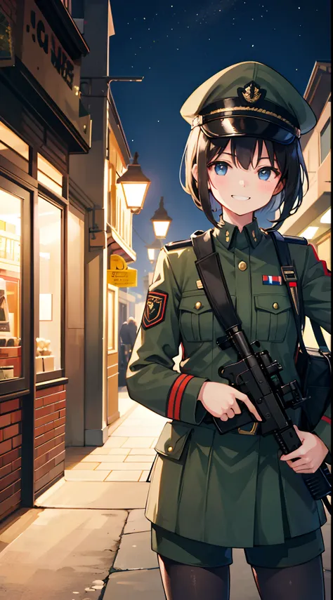 A girl in military uniform，Gun in hand，grinning smile，Shy，Warm street lights，down town，Superskirt，saluting