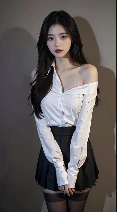 A perfect young female white-collar worker，Chinese big breasts，High picture quality，Works of masters，Black hair，Long hair shawl，Long hair flowing over the shoulders，cropped shoulders，鎖骨，exquisite face，Hydrated red lips，Small pure suit purple dress pleated ...