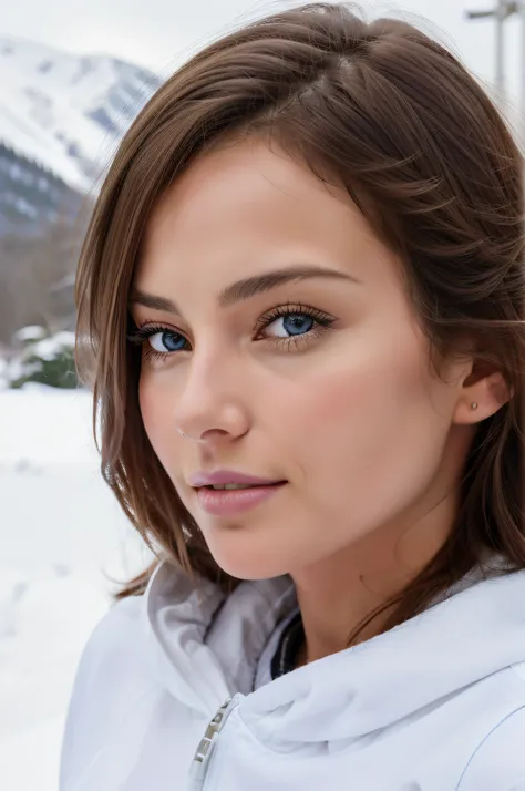 Belle brune aux reflets blonds (portant une doudoune au ski en montagne), feet to face, Very detailed, 24 ans, visage innocent, natural wavy hair, yeux bleus, High resolution, Masterpiece, Best quality, intricate high detail, highly detailed, mise au point...