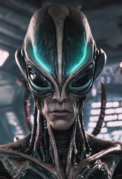 Alien invasion，eerie，head portrait，Close-up，of a real，Facial features are carefully depicted，Realistic skin texture，Dark style，depth of fields，high light，Real light，Ray traching，oc rendered，Hyper-realistic，best qualtiy，8K，Works of masters，super-fine，Detail...