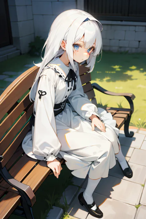 Girl with white hair, loli in dress,white color hair, Anime moe art style, adolable,Sit on a bench