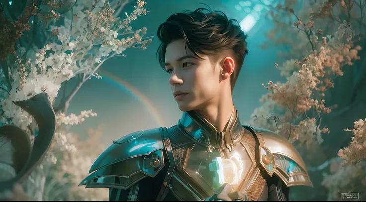 1boy, photo of very very handsome suave smiling young 25-year-old male Chinese prince, clothed in futuristic cybernetic armor, wearing a large futuristic crown, walking in an ethereal enchanted forest with neon glowing flowers and a rainbow in the sky, sci...