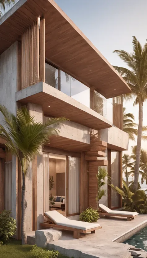 Beach development, Ground floor bungalow style, Minimalist, Detail of wooden slats, Facades with windows and small balconies, swimmingpool, Coconut trees, Sunset lighting, photorealistic image, cinematic ligh