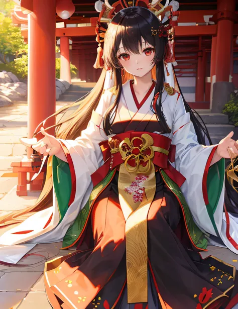 an elegant japanese shrine maiden, beautiful long hair, black hair, performing her duties at a shrine, medium: photography, styl...