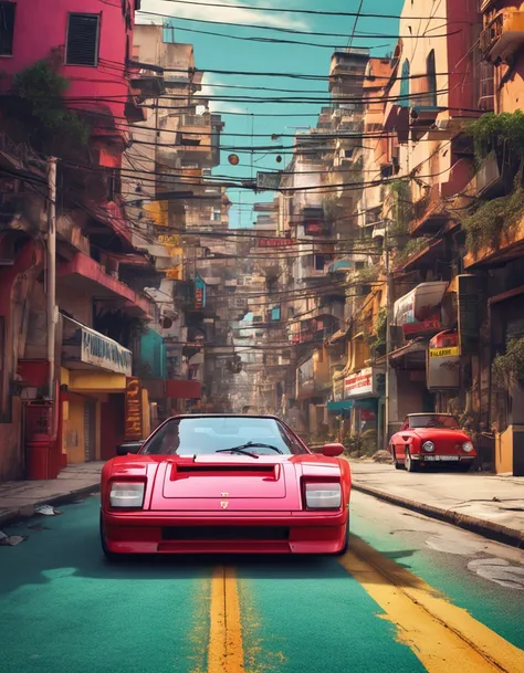 An 80s Ferrari car driving on a deserted road ::n_Style drawing, Low-quality defects, doll, gaming console, anime big breast, Texting, signatures