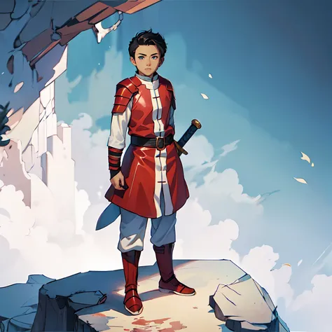 full body portrait of an asian warrior, 1boy, solo, detailed face, short black hair, blue eyes, excalibur sword, good proportions, standing on cliff, dynamic pose, looking at viewer, wearing red armor, background with battlefield, masterpiece, 2d art, HDR,...