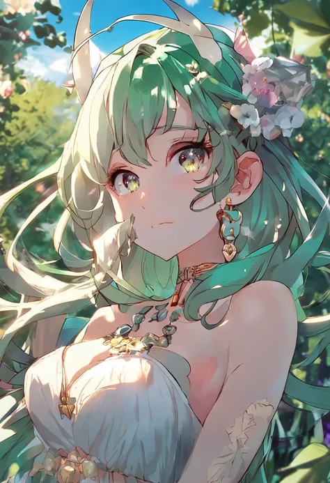 (Masterpiece, Best quality:1.2), Solo, 1loli, hair adornments, Green clothes, flatchest, jewelry,, Bare shoulders side face swing under the moon